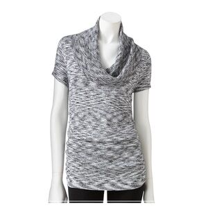 Apt 9  Metallic Ruche Short Sleeve Mottled Grey &‎ White Cowl Neck Top Si…